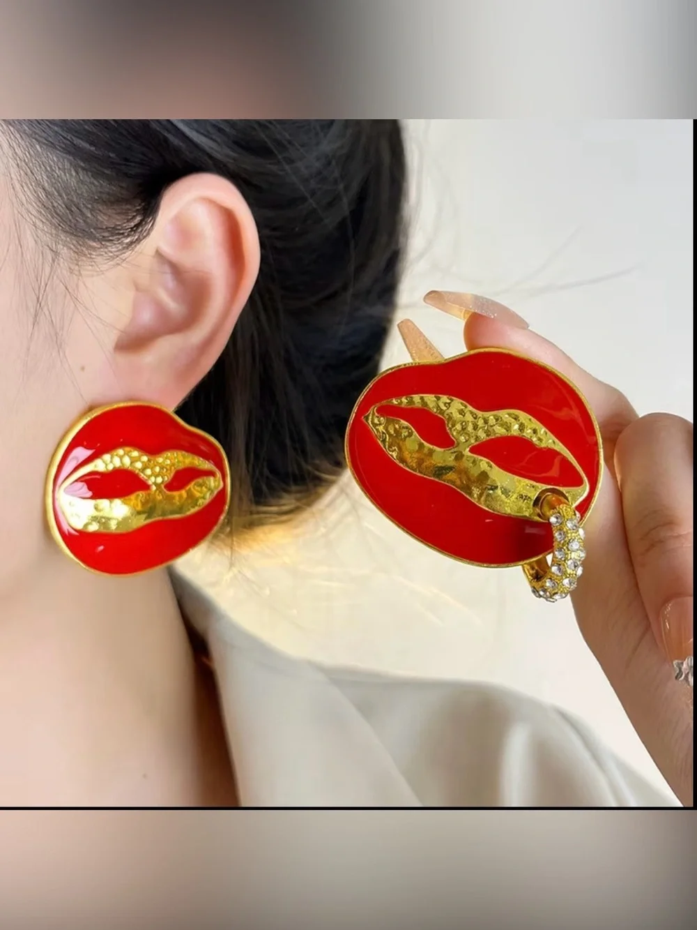 Schiaparelli Inspired Red and Gold Lip Statement Earrings